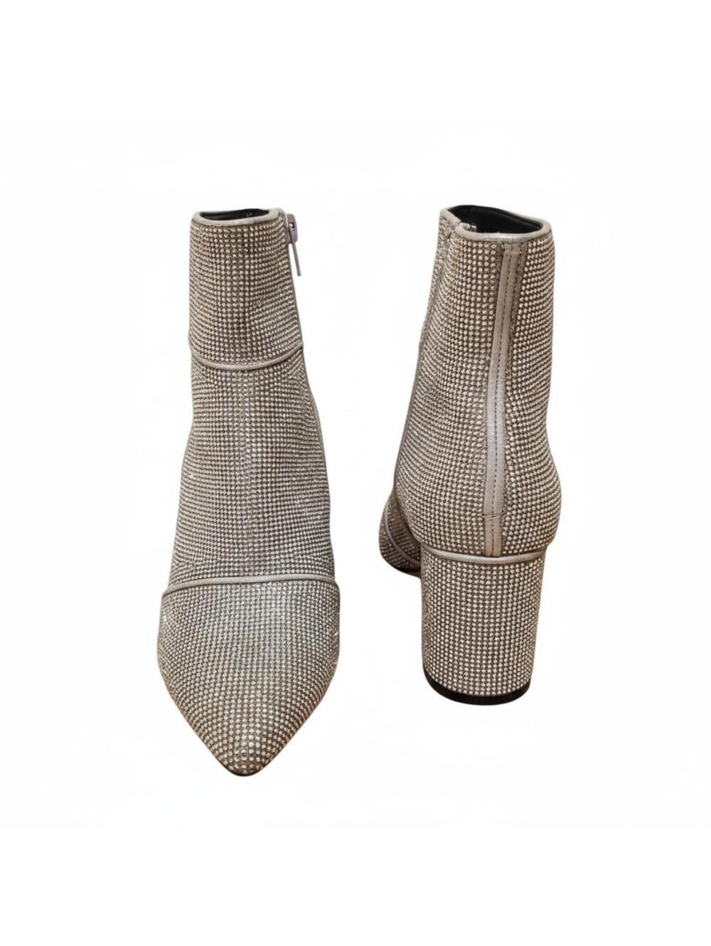 Womens Rhinestone Ankle Boots Pointed Toe Block Heel Zip Up Sparkly Silver